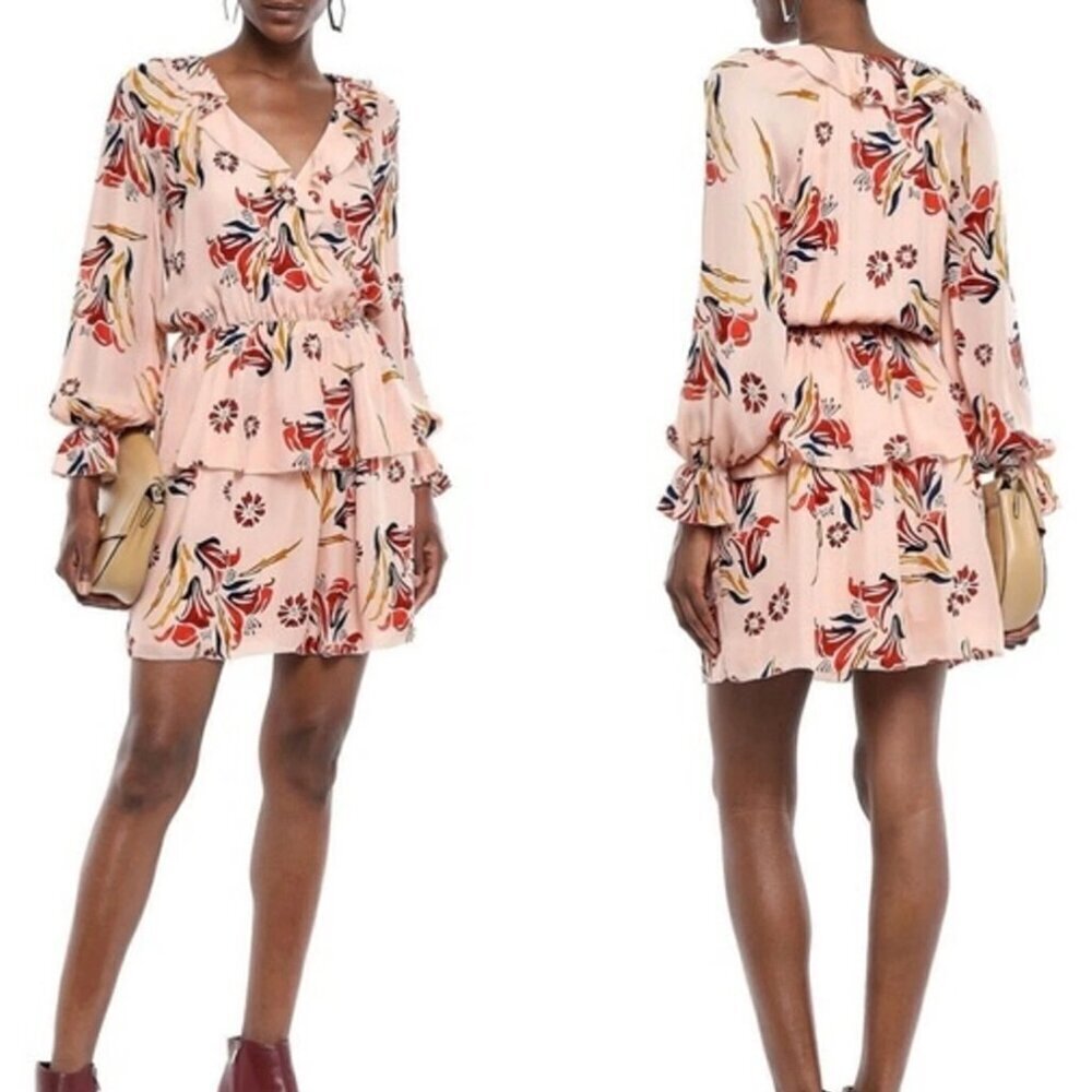 Joie Nour Silk Floral Balloon Long Sleeve V-Neck Dress in Pink Sky, size S